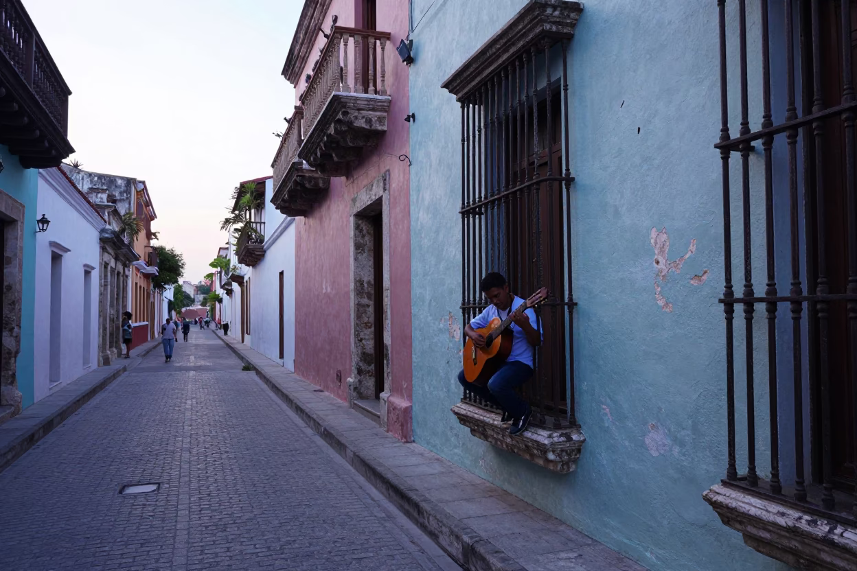 Street Scene in Cartagena at Sunrise Light in in Cartagena, Colombia