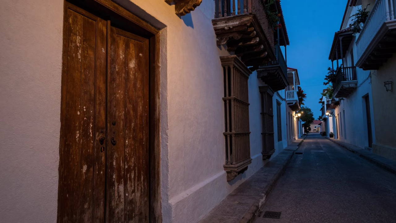 Street Scene in Cartagena at The Predawn Darkness Light in in Cartagena, Colombia