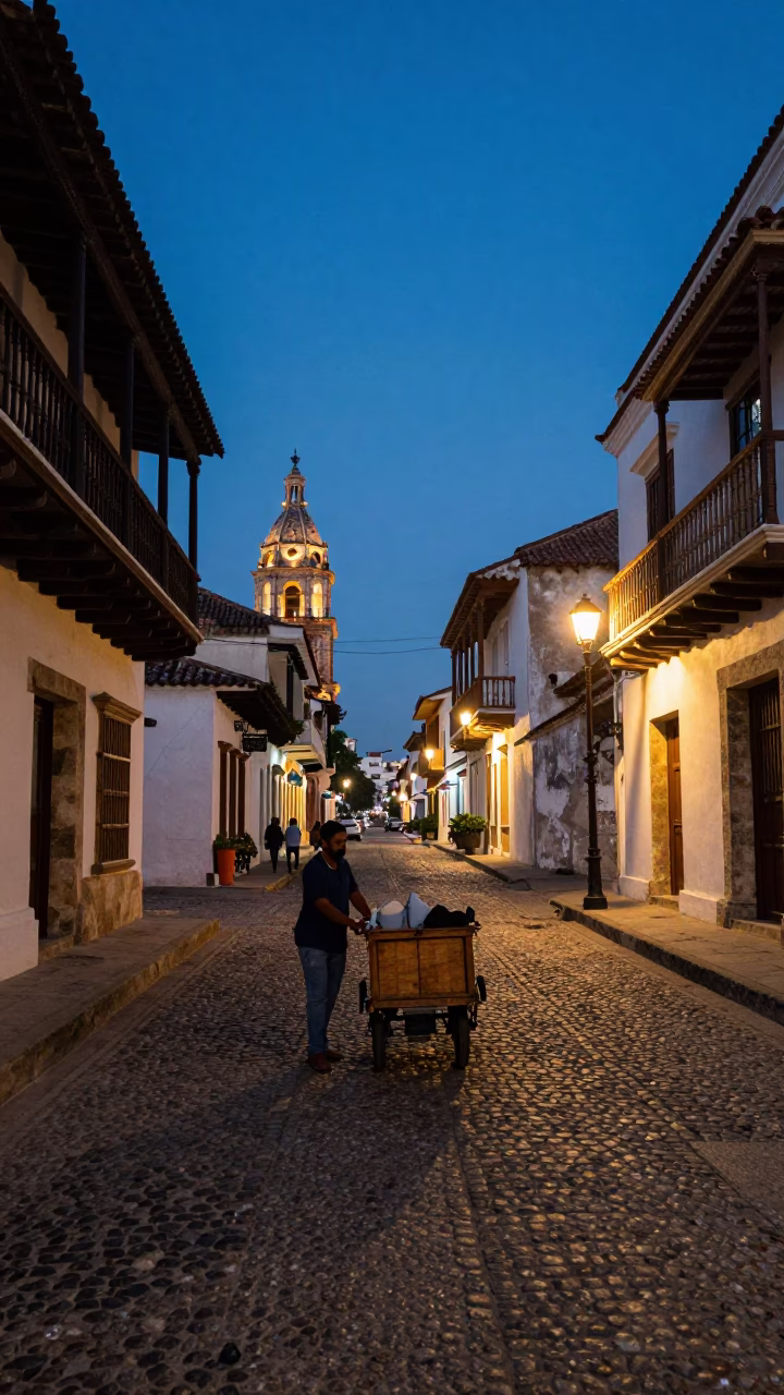 Street Scene in Cartagena at The Still Hours Before Dawn Light in in Cartagena, Colombia