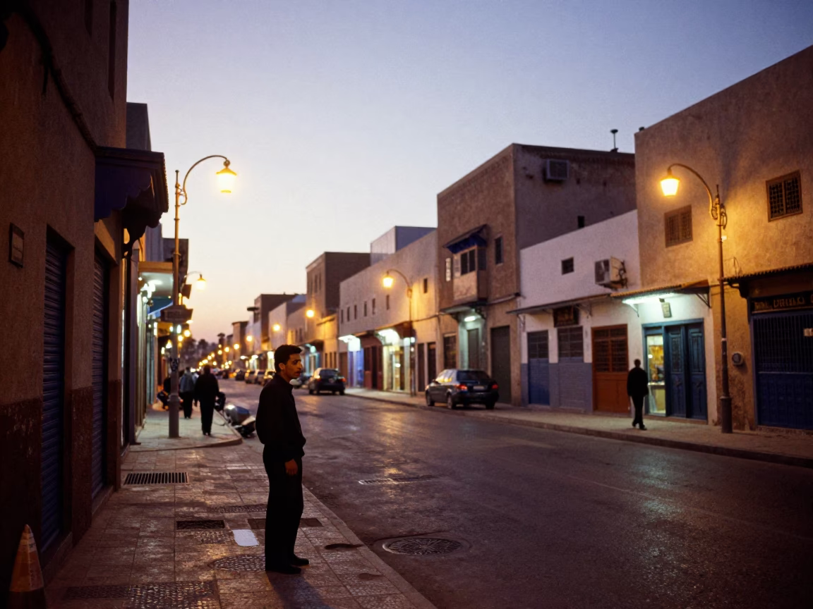 Street Scene in Casablanca at As City Lights Begin To Glow in in Casablanca, Morocco
