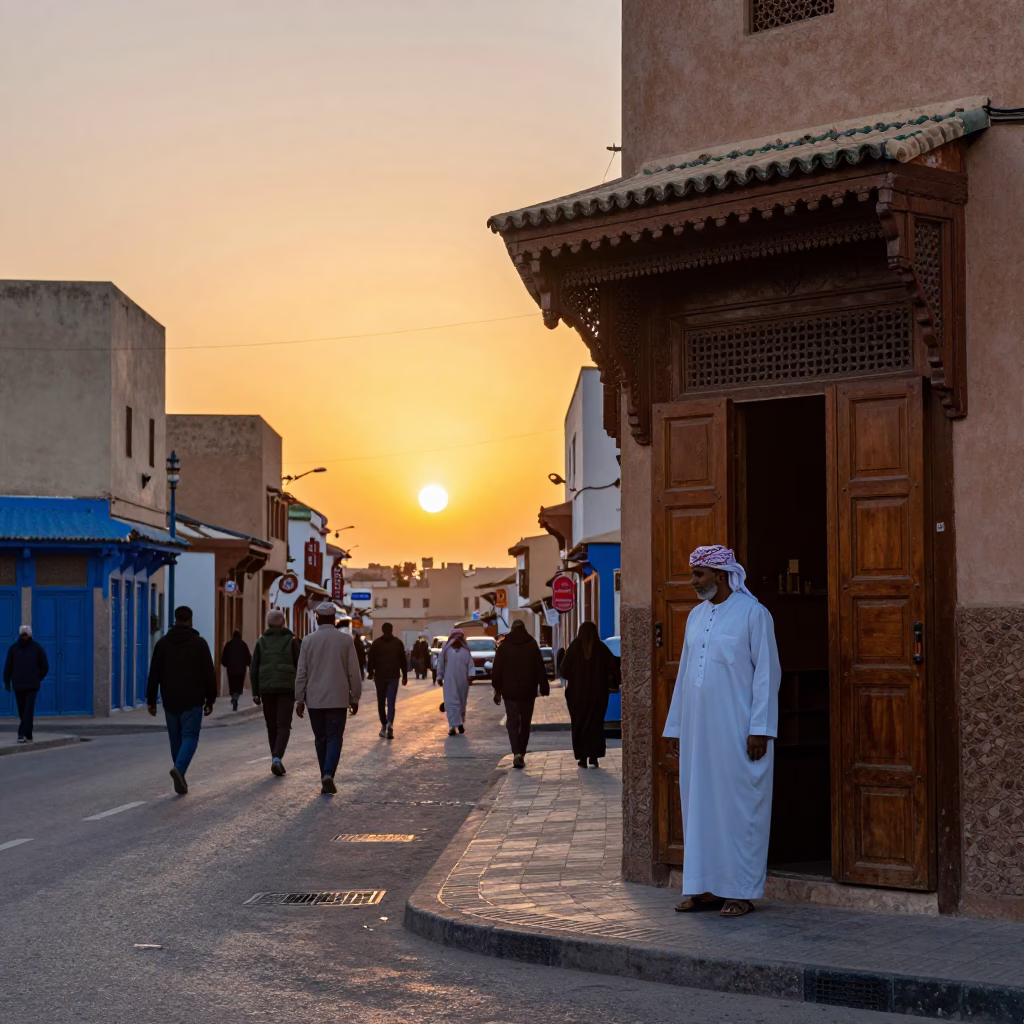 Street Scene in Casablanca at As The Sun Drops Toward The Horizon in in Casablanca, Morocco