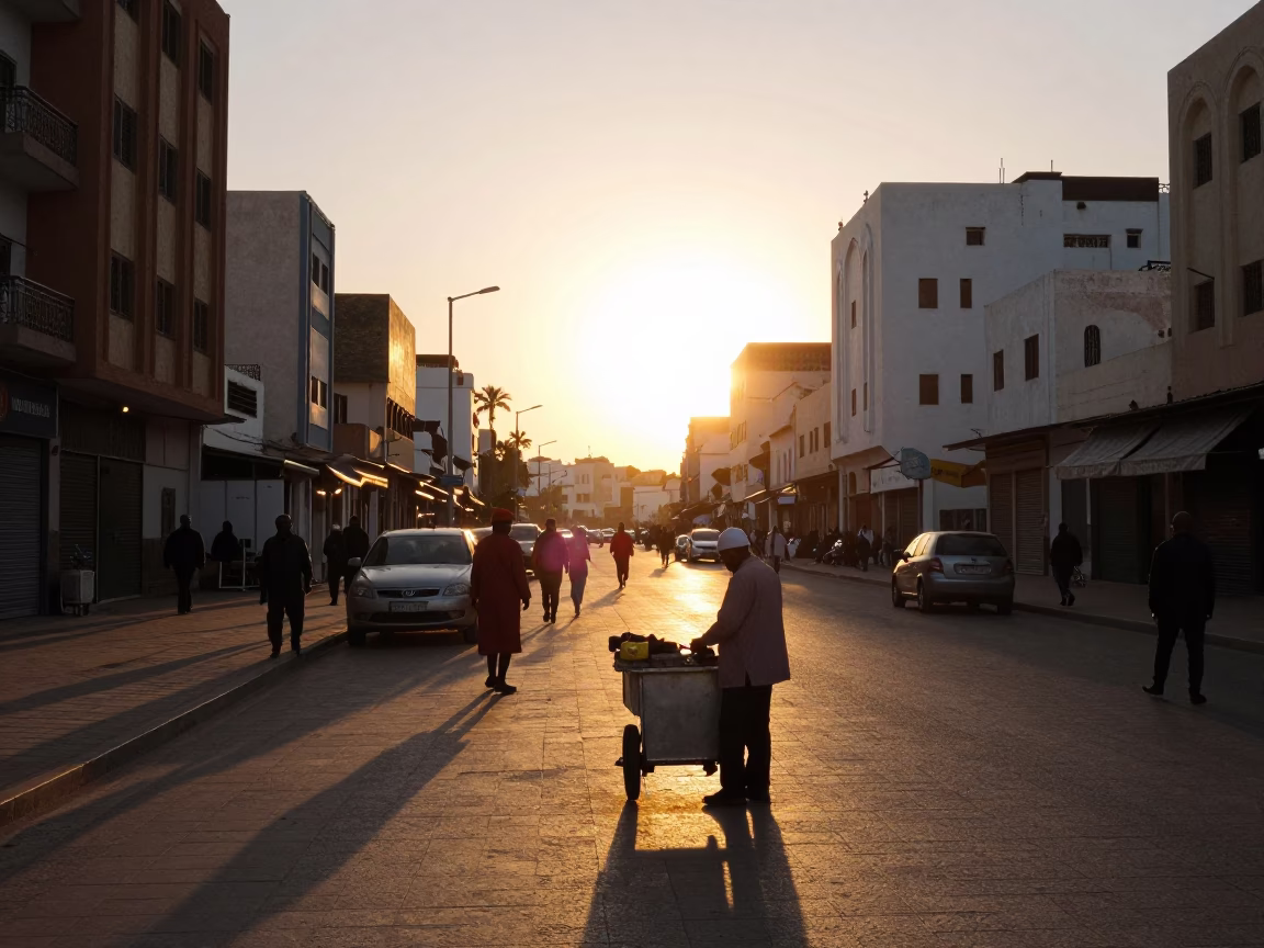 Street Scene in Casablanca at As The Sun Drops Toward The Horizon in in Casablanca, Morocco