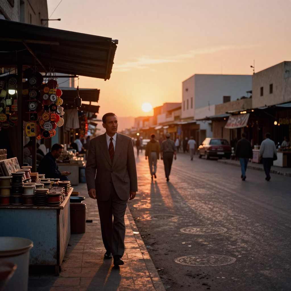 Street Scene in Casablanca at As The Sun Drops Toward The Horizon in in Casablanca, Morocco