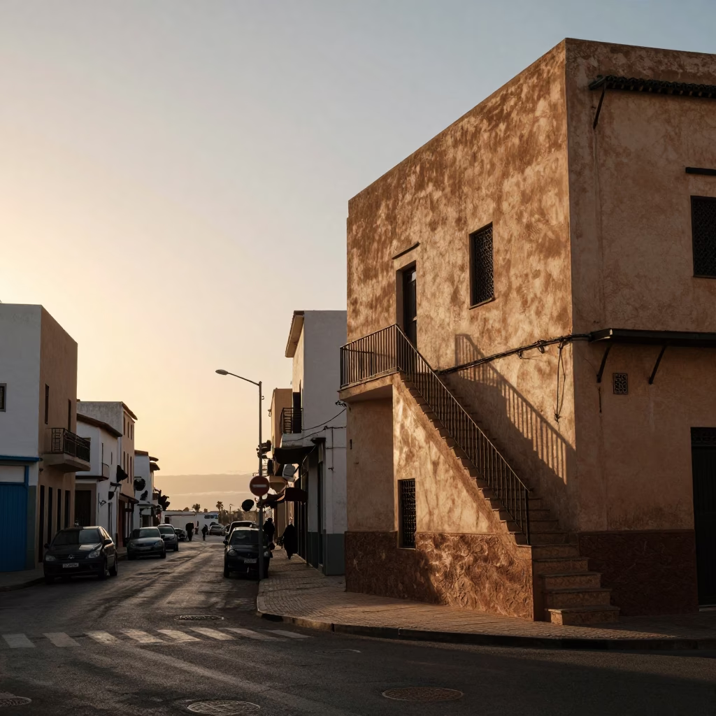 Street Scene in Casablanca at As The Sun Drops Toward The Horizon in in Casablanca, Morocco