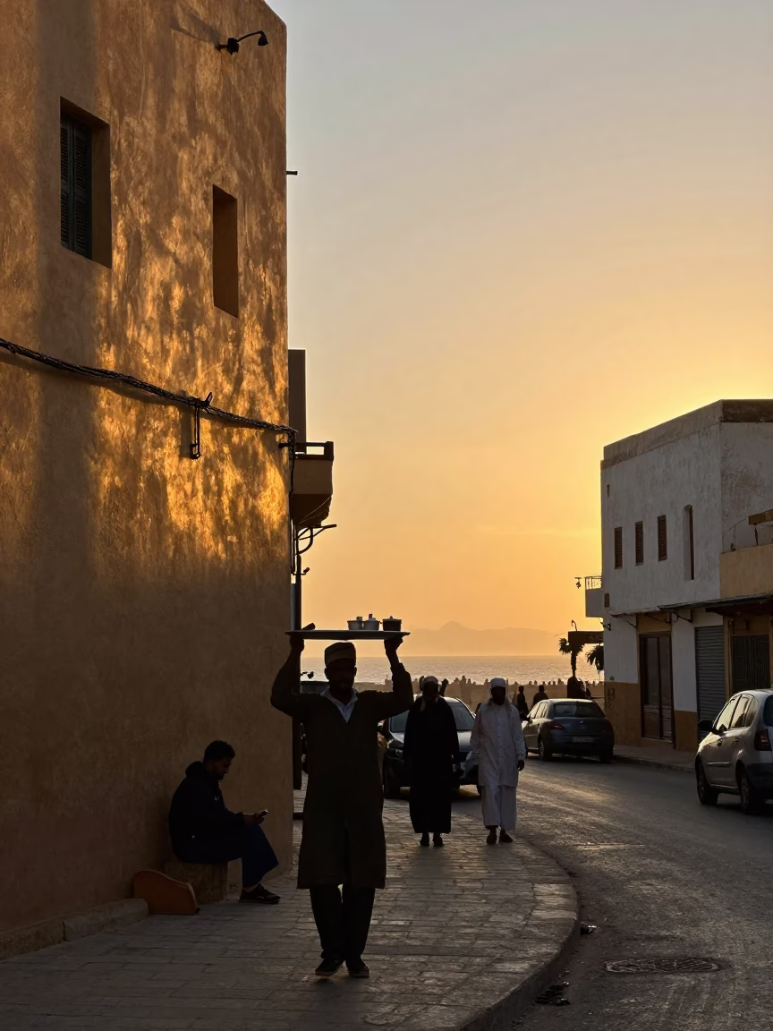 Street Scene in Casablanca at As The Sun Drops Toward The Horizon in in Casablanca, Morocco