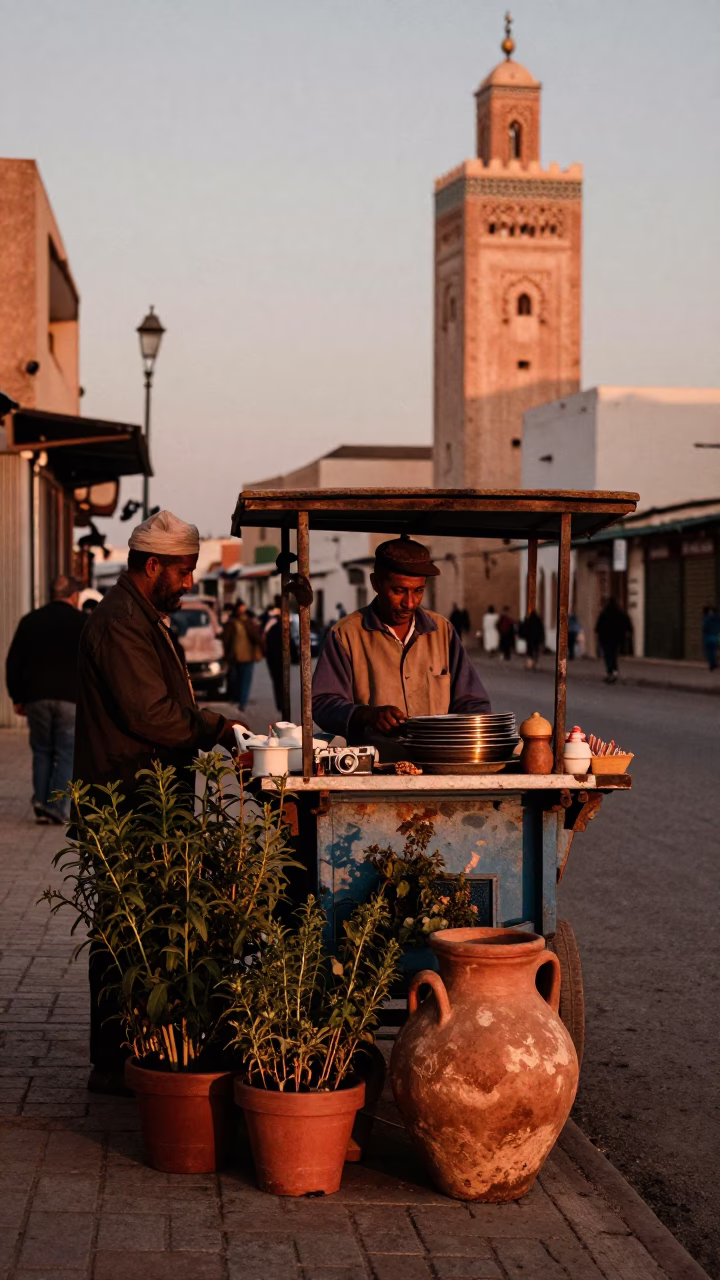 Street Scene in Casablanca at Copper-toned Light Before Dusk in in Casablanca, Morocco