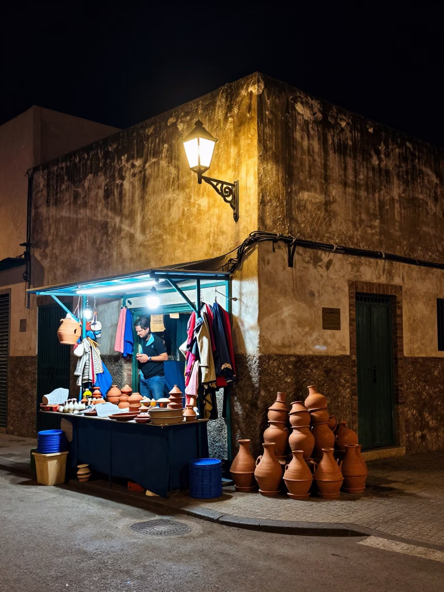 Street Scene in Casablanca at Midnight Light in in Casablanca, Morocco