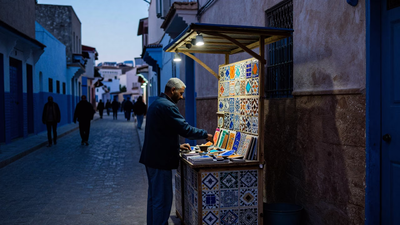 Street Scene in Casablanca at The Still Hours Before Dawn Light in in Casablanca, Morocco