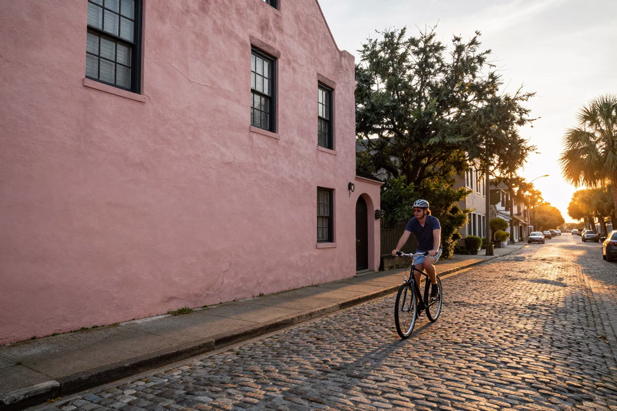 Street Scene in Charleston at As The Sun Drops Toward The Horizon in in Charleston, South Carolina, United States