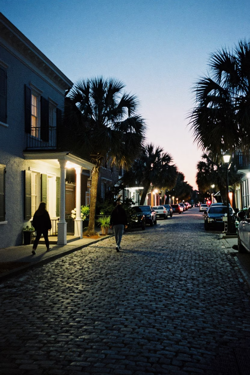 Street Scene in Charleston at Blue Hour in in Charleston, South Carolina, United States
