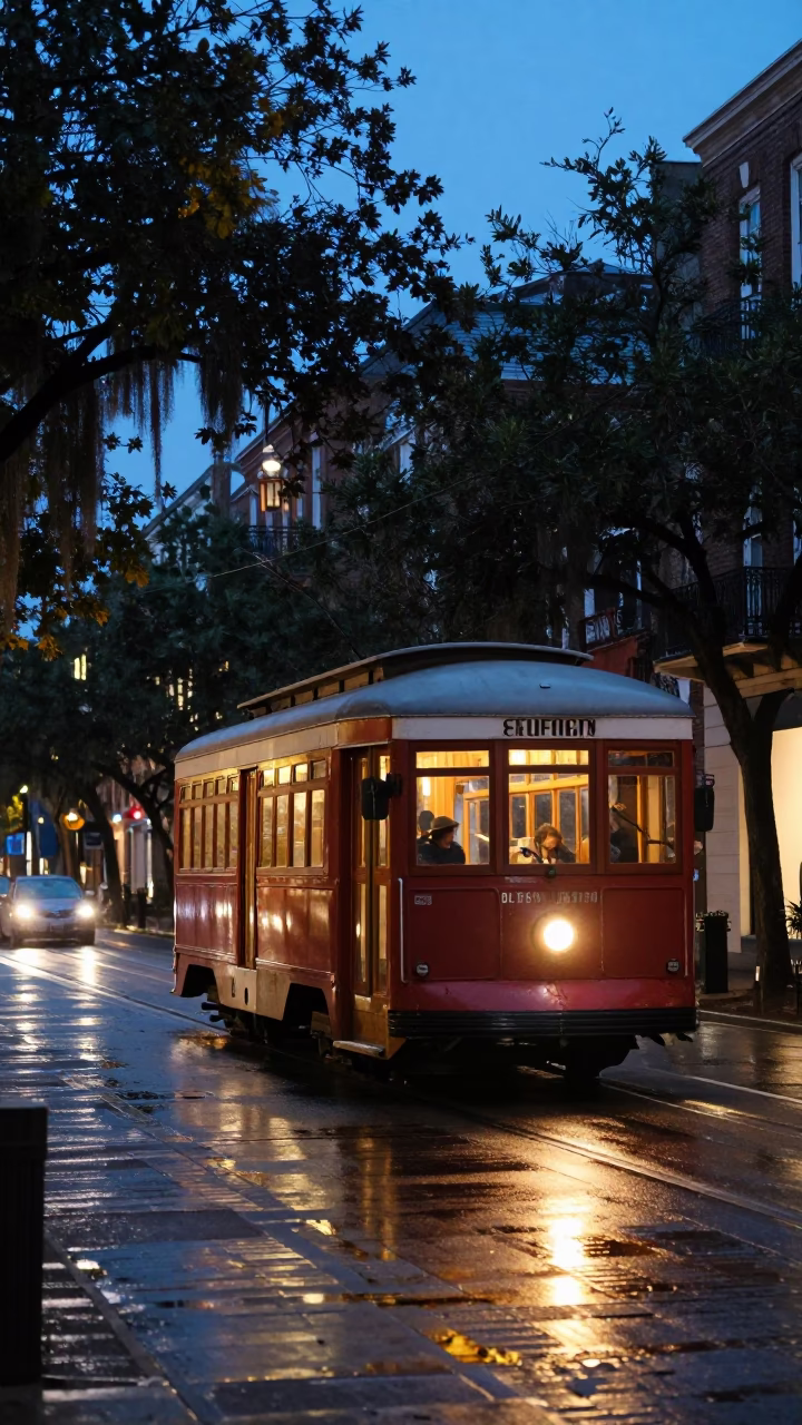Street Scene in Charleston at Blue Hour in in Charleston, South Carolina, United States