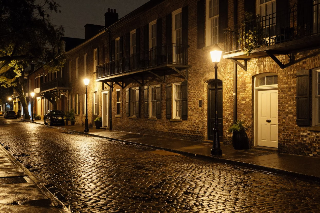 Street Scene in Charleston at Deep In The Night Light in in Charleston, South Carolina, United States