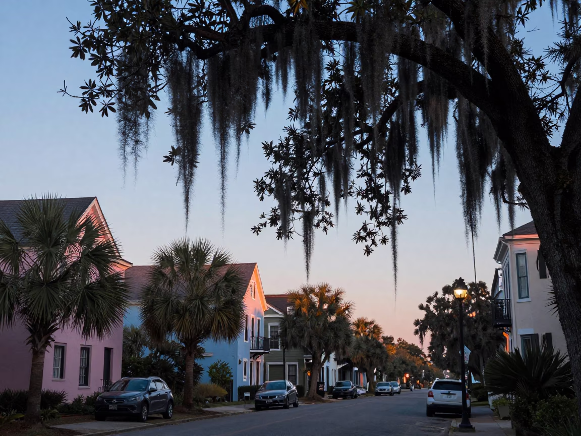 Street Scene in Charleston at First Light Of Dawn in in Charleston, South Carolina, United States