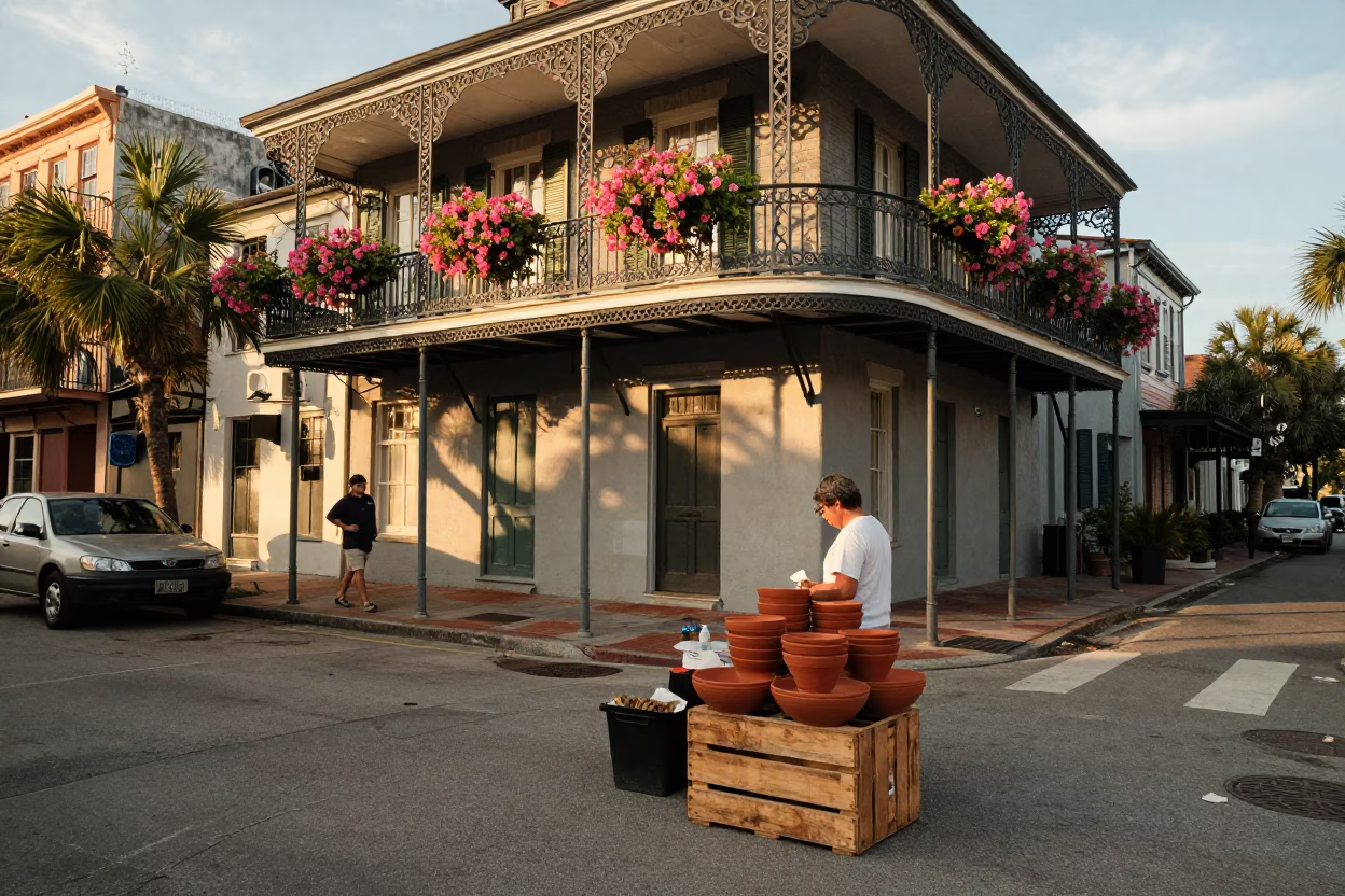 Street Scene in Charleston at Honeyed Evening Light in in Charleston, South Carolina, United States