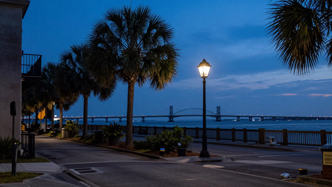 Street Scene in Charleston at Indigo Twilight After Sunset in in Charleston, South Carolina, United States