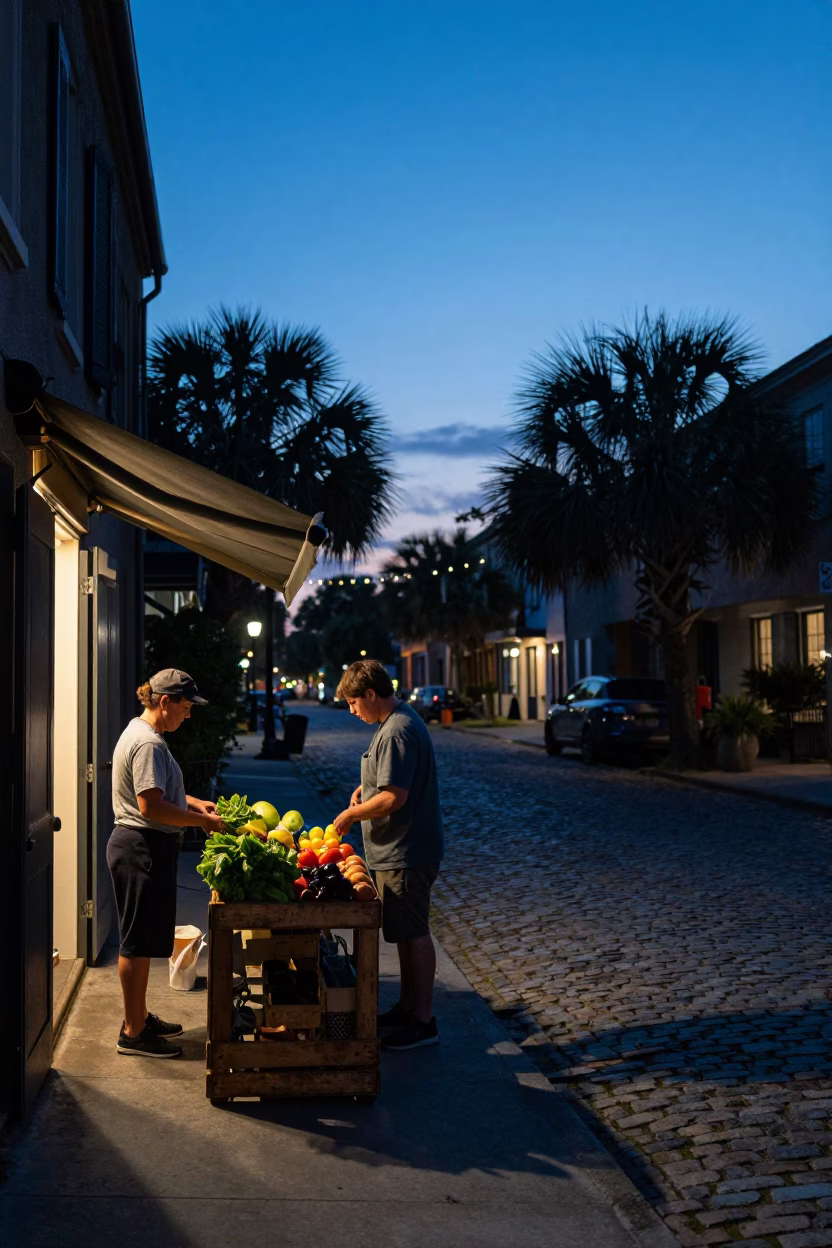 Street Scene in Charleston at Indigo Twilight After Sunset in in Charleston, South Carolina, United States