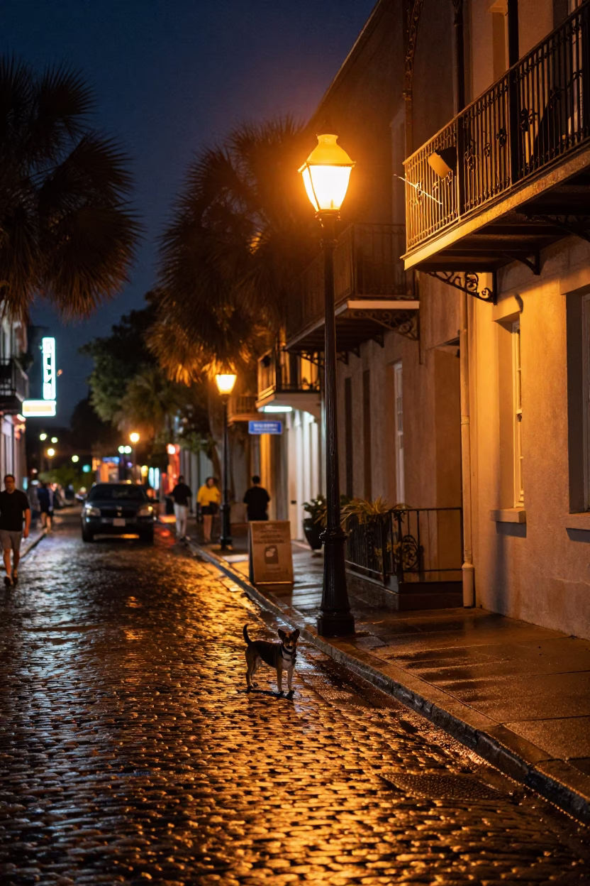 Street Scene in Charleston at Late At Night Light in in Charleston, South Carolina, United States