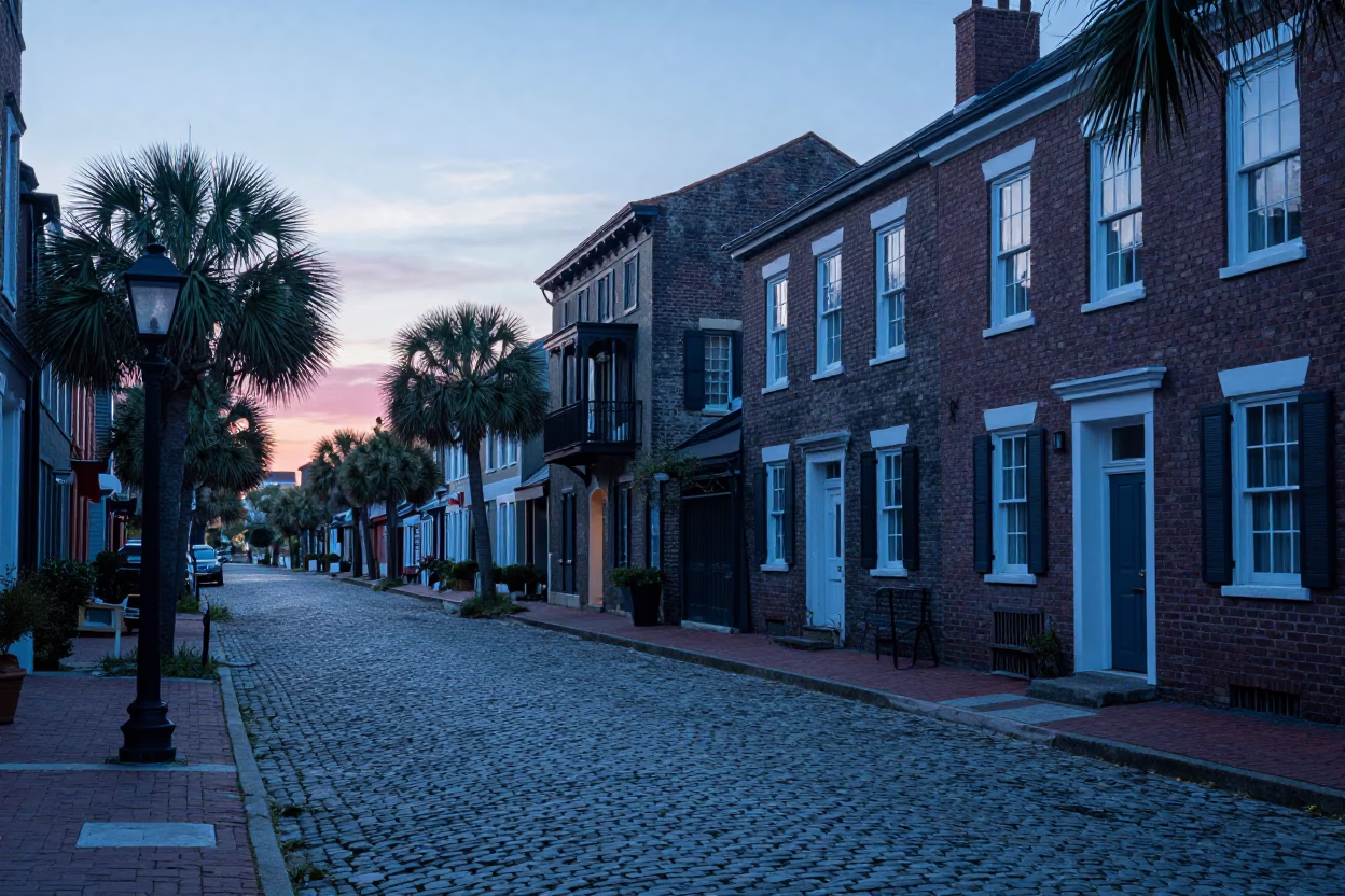 Street Scene in Charleston at Sunrise Light in in Charleston, South Carolina, United States