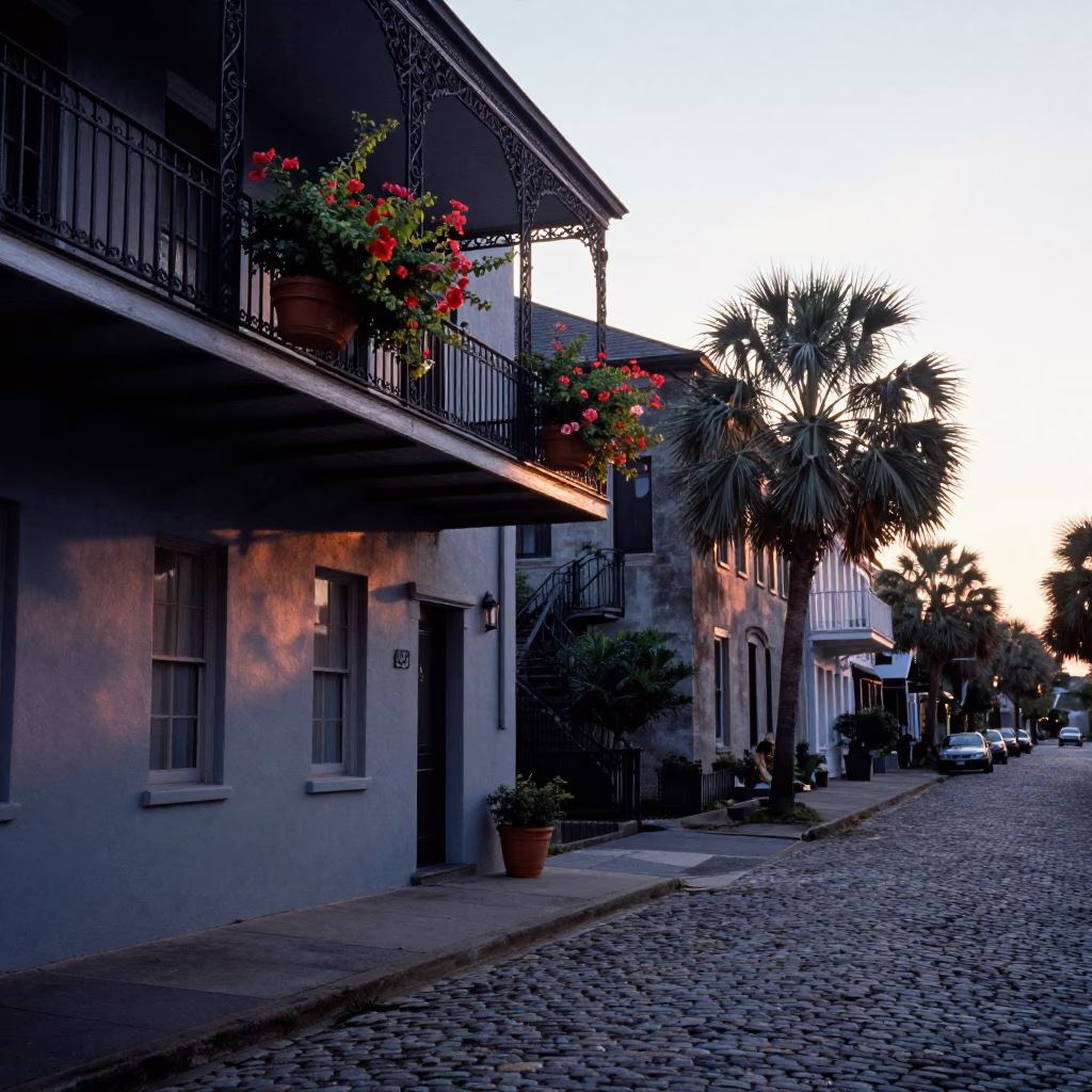 Street Scene in Charleston at Sunrise Light in in Charleston, South Carolina, United States