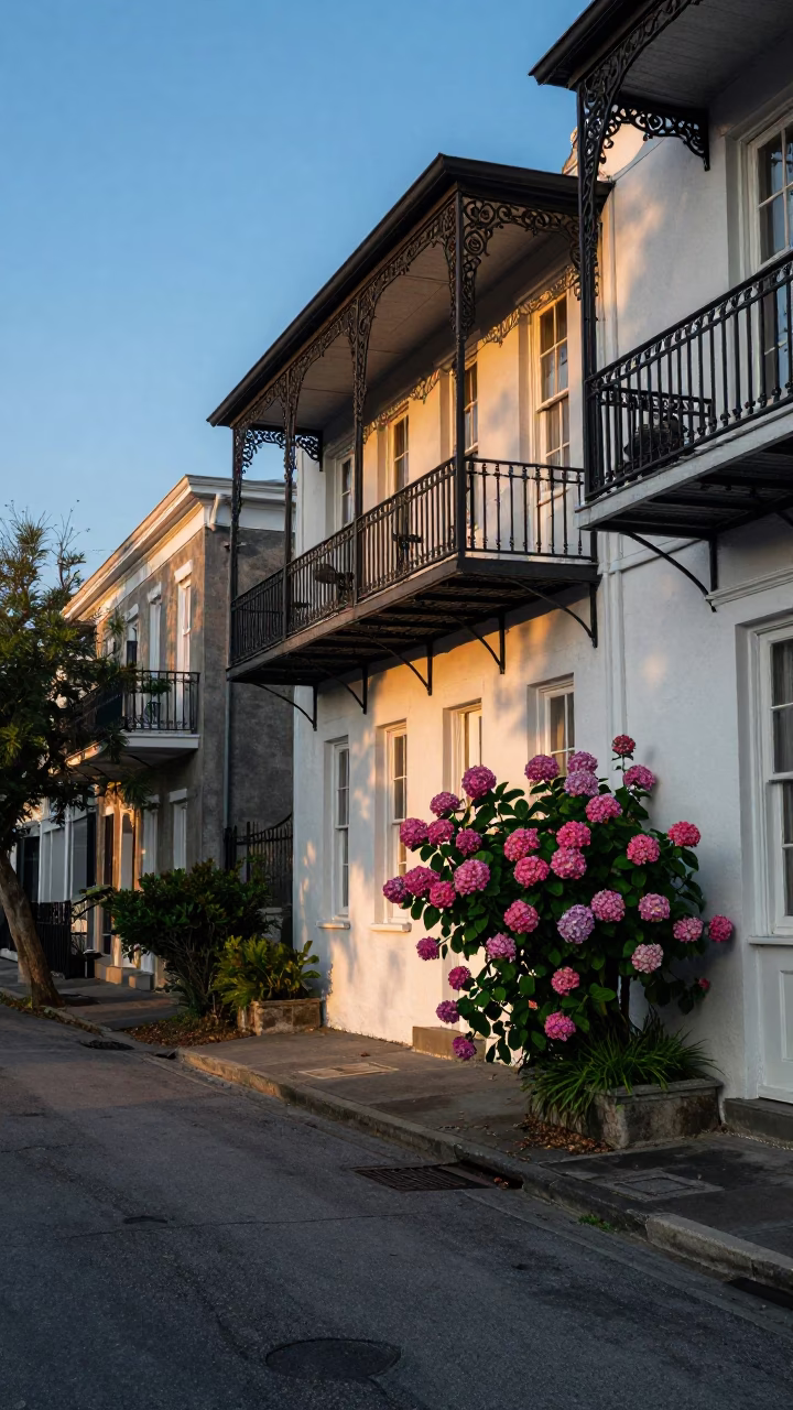 Street Scene in Charleston at The Early Evening Light in in Charleston, South Carolina, United States