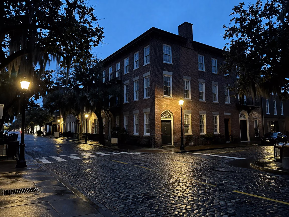 Street Scene in Charleston at The Predawn Darkness Light in in Charleston, South Carolina, United States