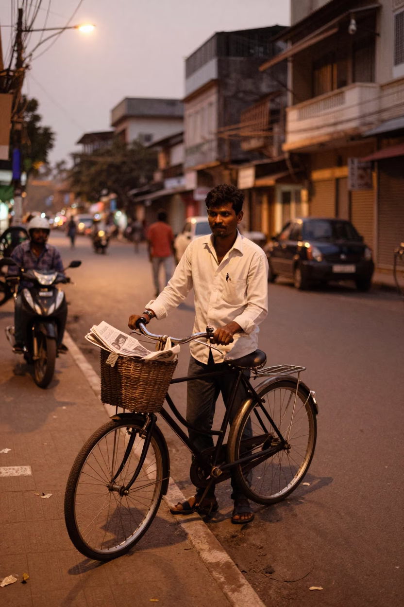Street Scene in Chennai at Copper-toned Light Before Dusk in in Chennai, India