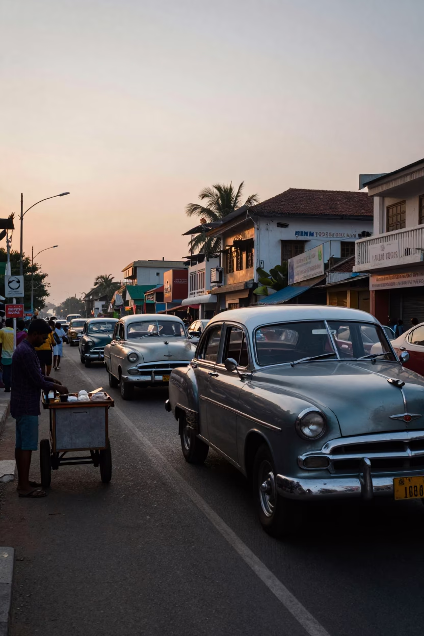 Street Scene in Chennai at Nautical Dawn Light in in Chennai, India