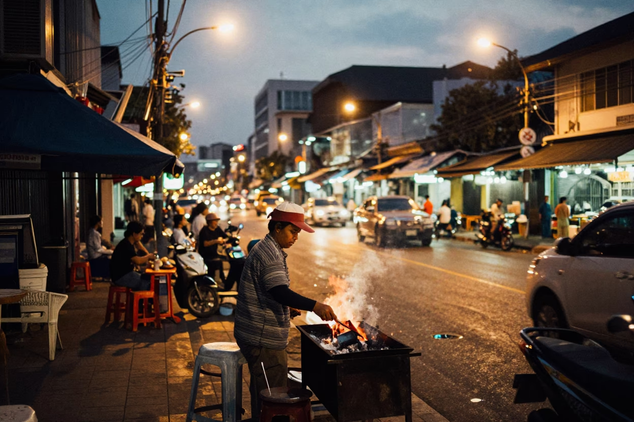 Street Scene in Chiang Mai at As City Lights Begin To Glow in in Chiang Mai, Thailand