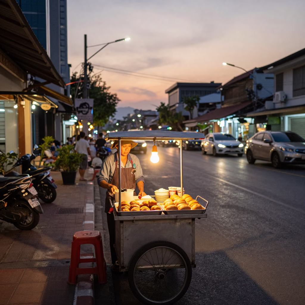Street Scene in Chiang Mai at As City Lights Begin To Glow in in Chiang Mai, Thailand