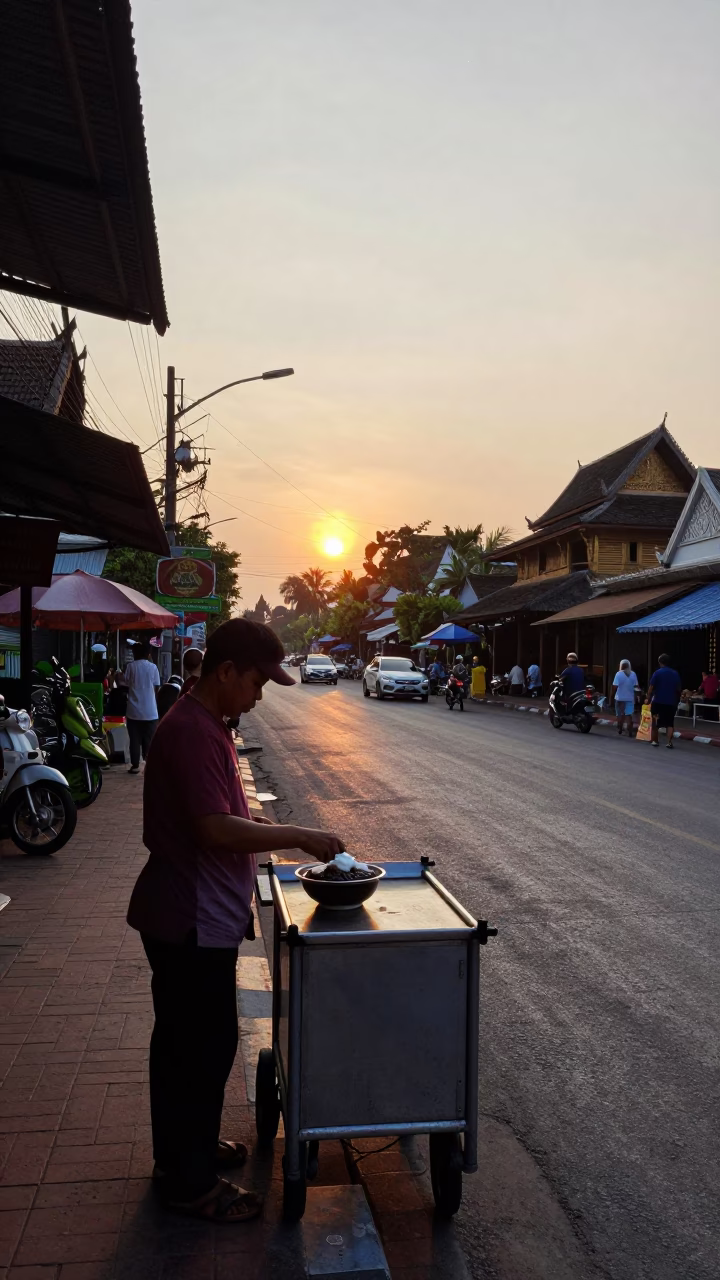 Street Scene in Chiang Mai at As The Sun Drops Toward The Horizon in in Chiang Mai, Thailand