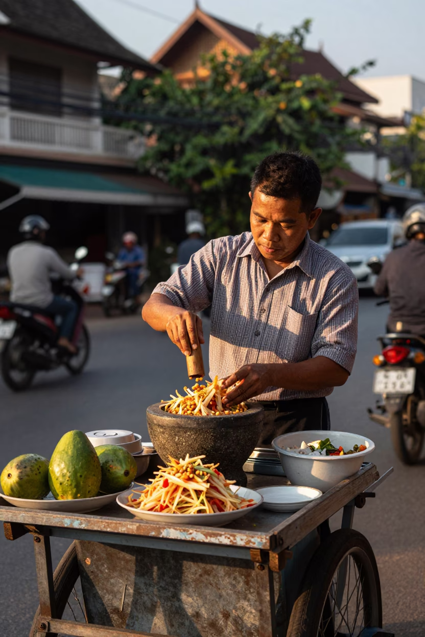 Street Scene in Chiang Mai at Honeyed Evening Light in in Chiang Mai, Thailand