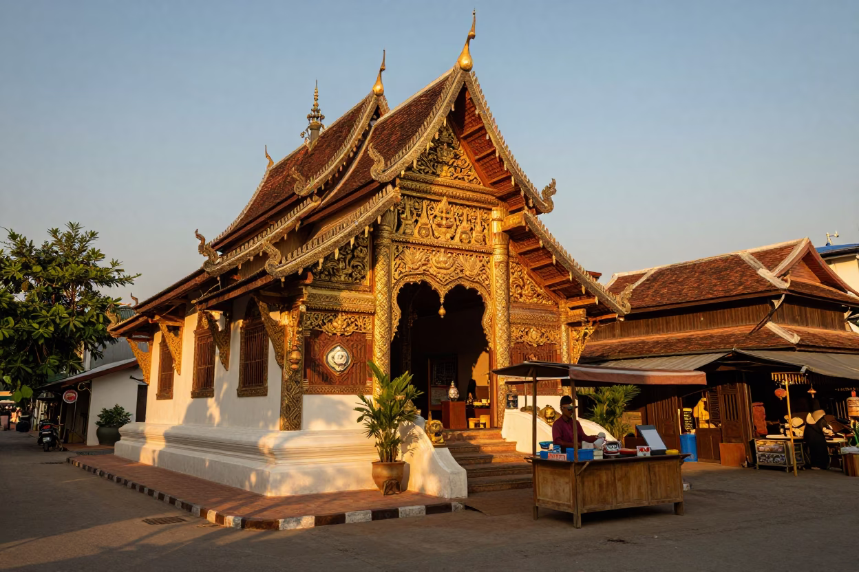 Street Scene in Chiang Mai at Honeyed Evening Light in in Chiang Mai, Thailand