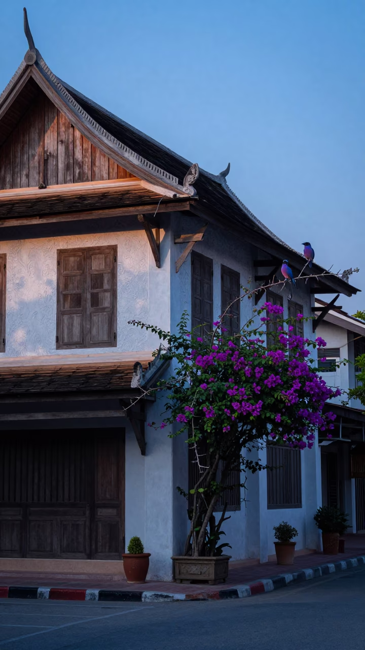 Street Scene in Chiang Mai at Nautical Dawn Light in in Chiang Mai, Thailand
