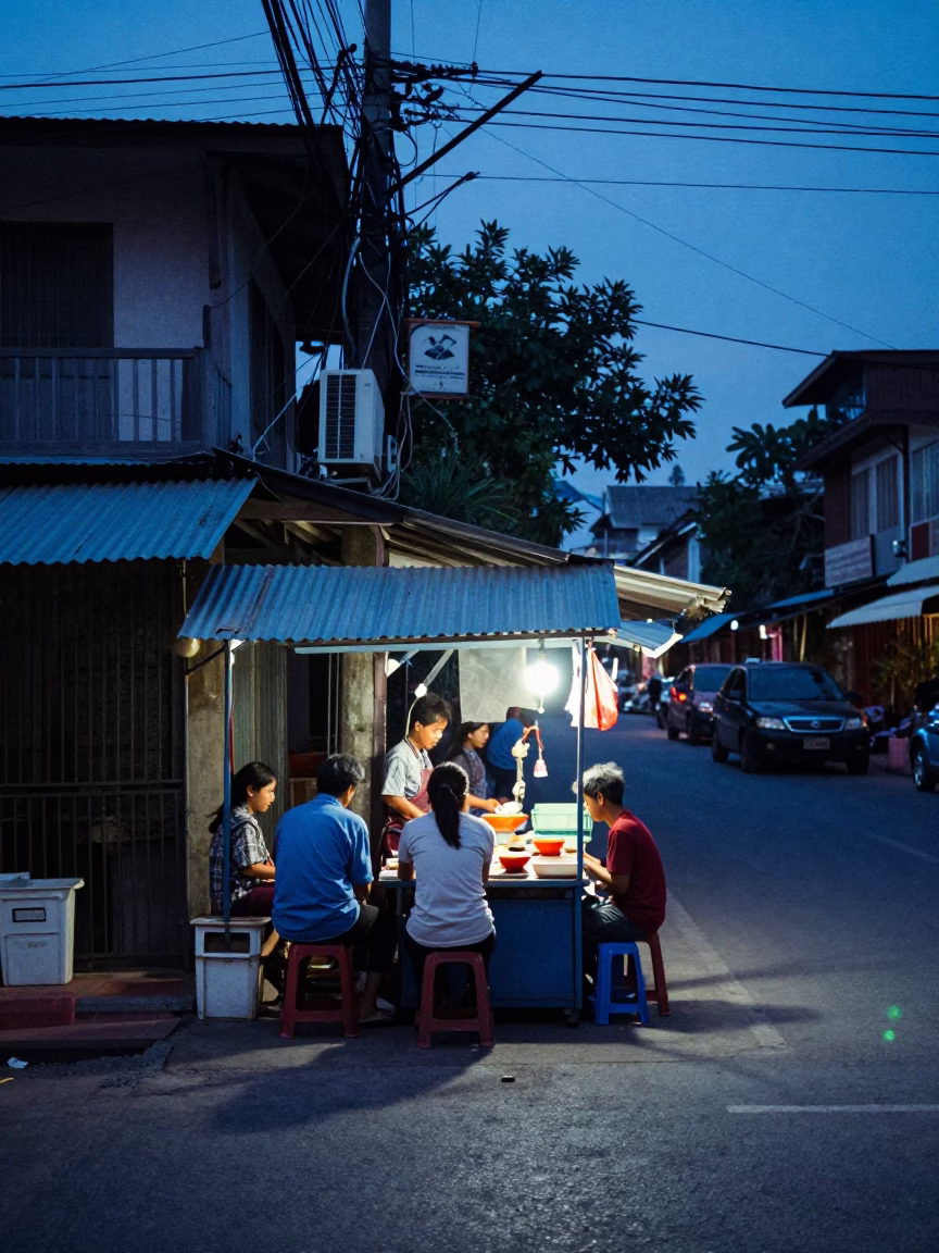 Street Scene in Chiang Mai at The Last Blue Light Of Evening in in Chiang Mai, Thailand