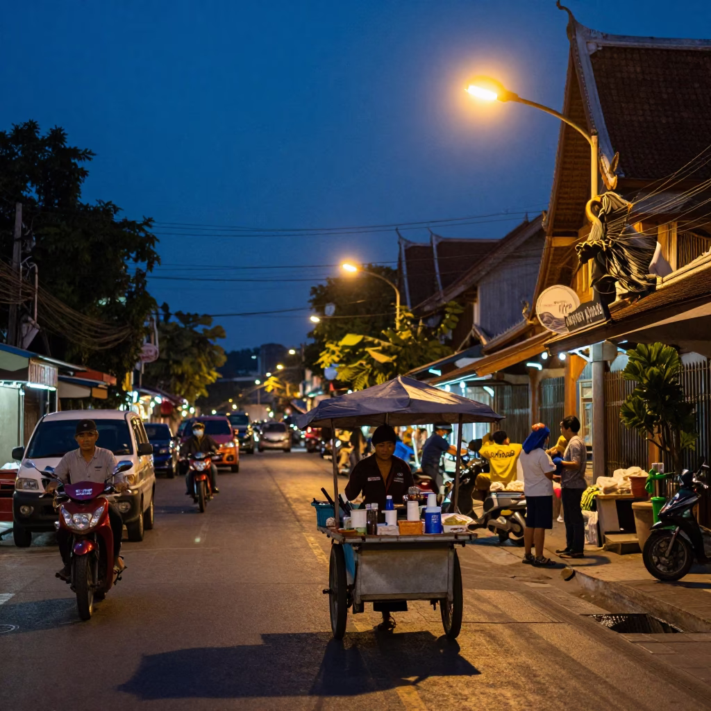 Street Scene in Chiang Mai at Twilight in in Chiang Mai, Thailand