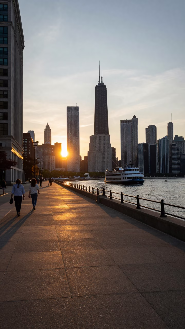 Street Scene in Chicago at Sunset Light in in Chicago, Illinois, United States