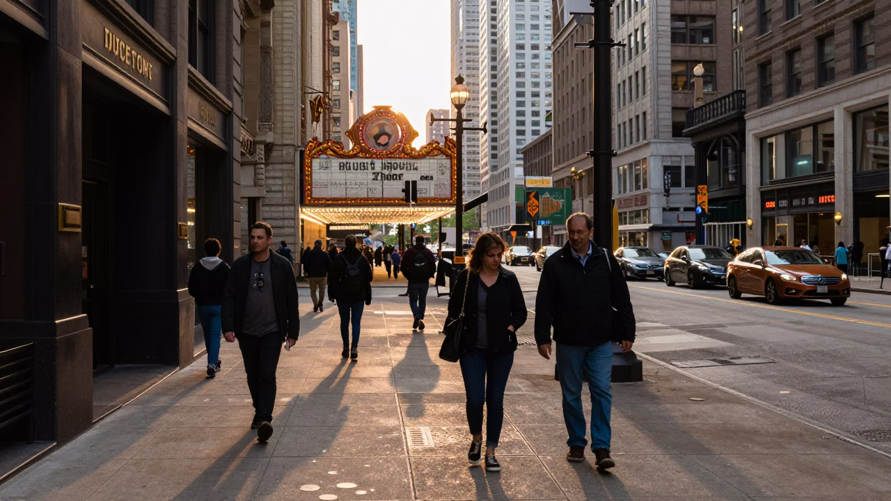 Street Scene in Chicago at The Early Evening Light in in Chicago, Illinois, United States
