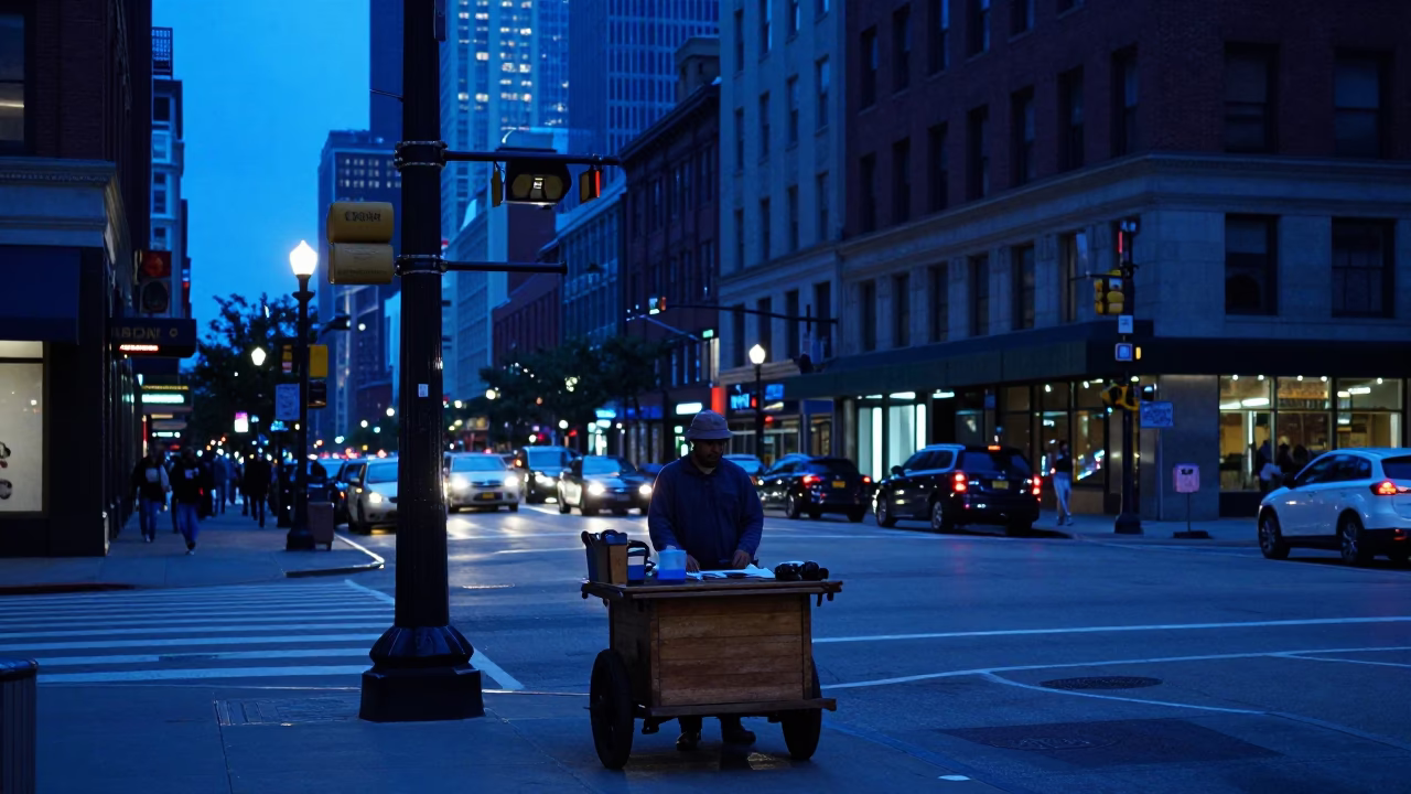 Street Scene in Chicago at The Last Blue Light Of Evening in in Chicago, Illinois, United States