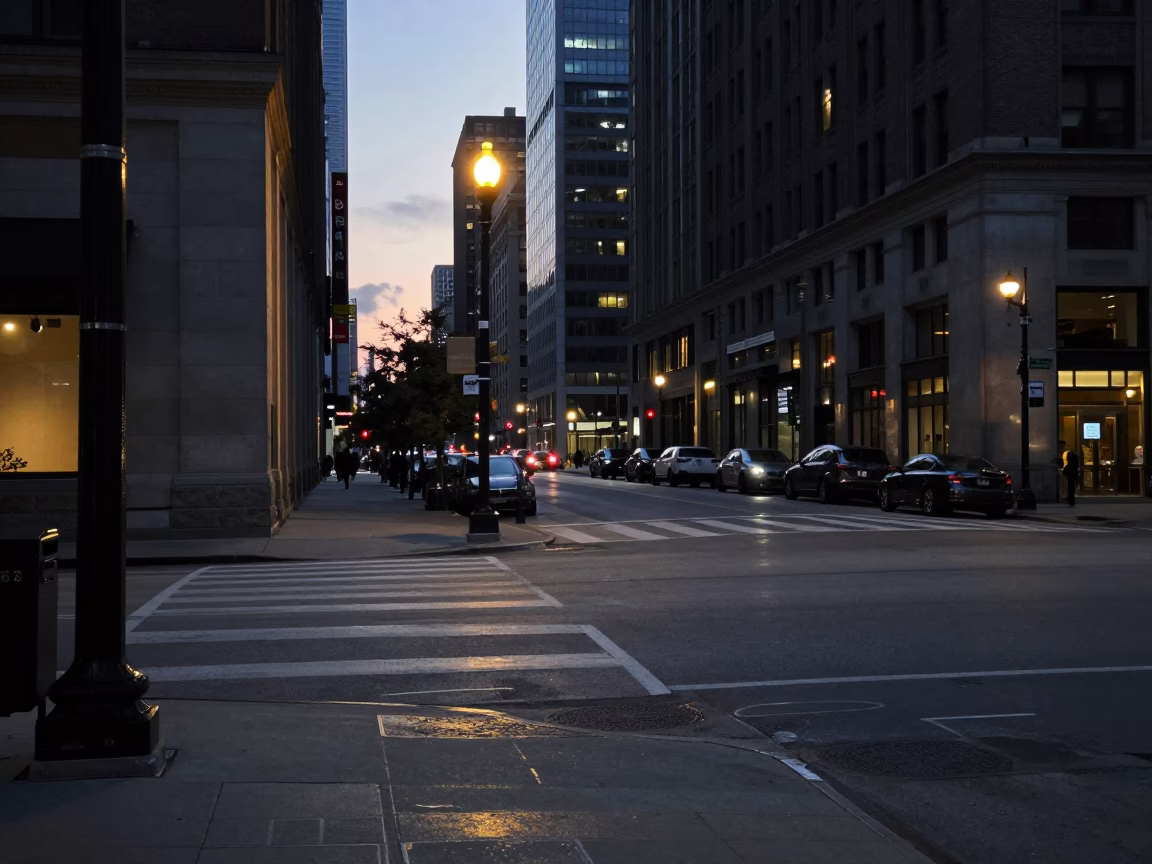 Street Scene in Chicago at The Predawn Darkness Light in in Chicago, Illinois, United States
