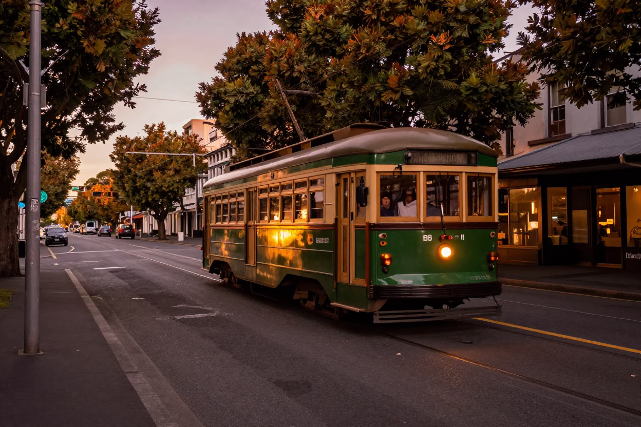 Street Scene in Christchurch at Copper-toned Light Before Dusk in in Christchurch, New Zealand
