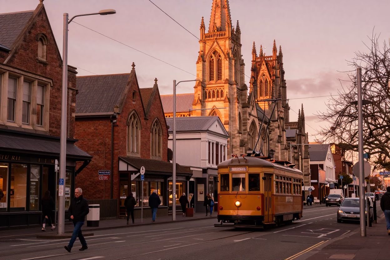 Street Scene in Christchurch at Copper-toned Light Before Dusk in in Christchurch, New Zealand