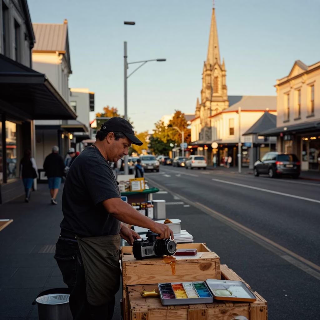 Street Scene in Christchurch at Honeyed Evening Light in in Christchurch, New Zealand