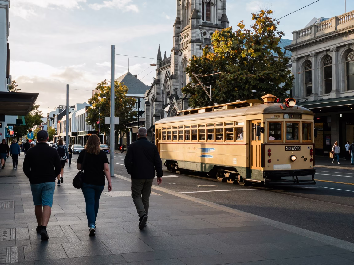 Street Scene in Christchurch at The Late Morning Light in in Christchurch, New Zealand