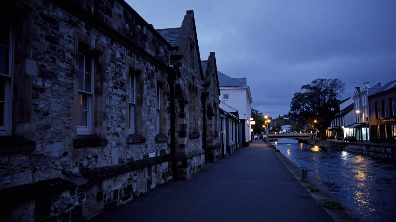 Street Scene in Christchurch at The Predawn Darkness Light in in Christchurch, New Zealand