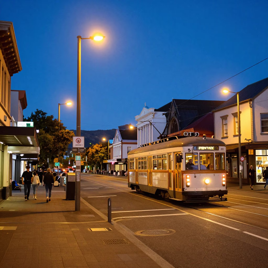Street Scene in Christchurch at Twilight in in Christchurch, New Zealand