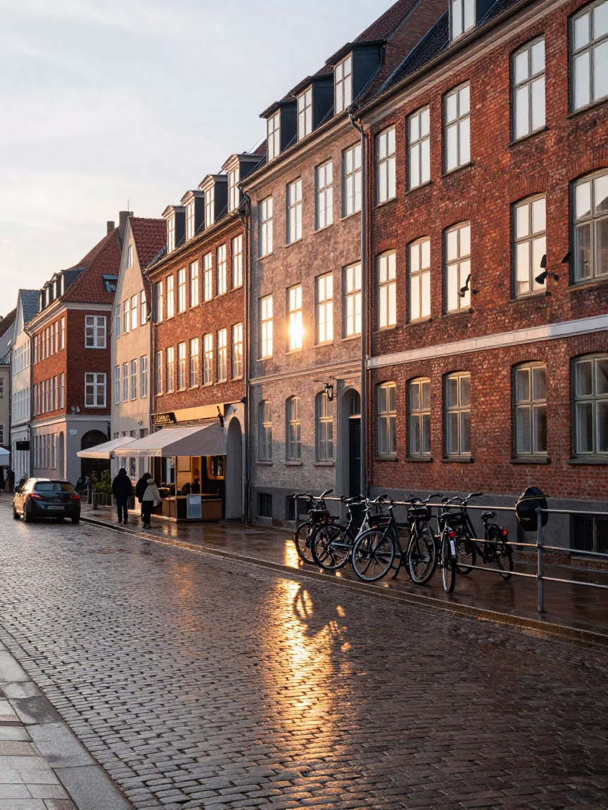 Street Scene in Copenhagen at As First Light Reaches The Scene in in Copenhagen, Denmark