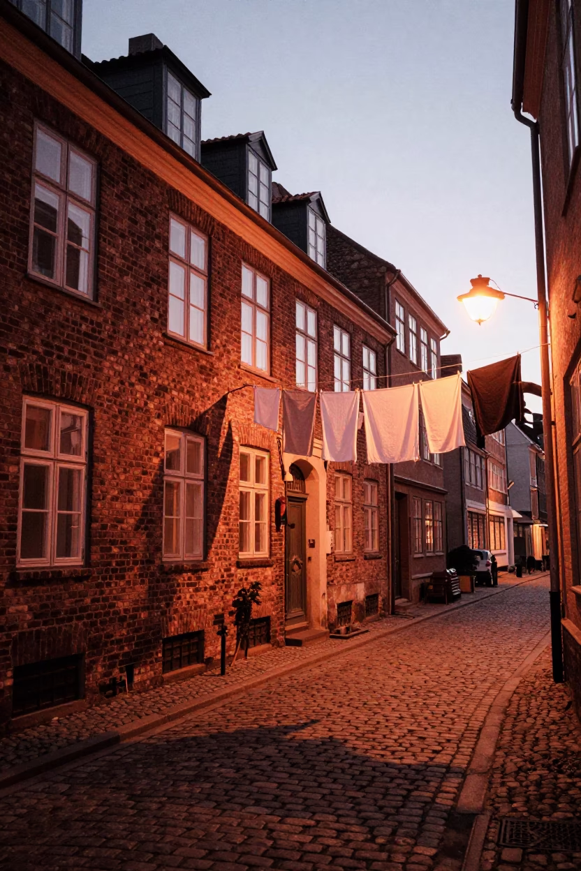 Street Scene in Copenhagen at Copper-toned Light Before Dusk in in Copenhagen, Denmark