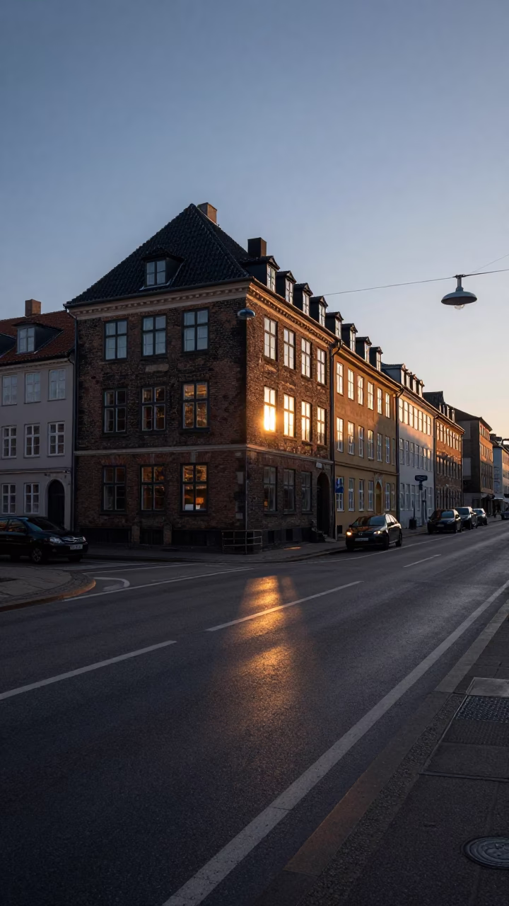 Street Scene in Copenhagen at First Light Of Dawn in in Copenhagen, Denmark