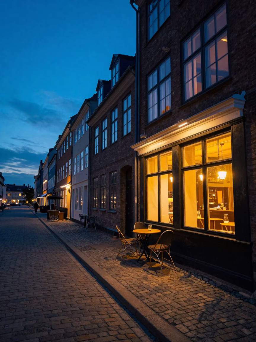 Street Scene in Copenhagen at Indigo Twilight After Sunset in in Copenhagen, Denmark