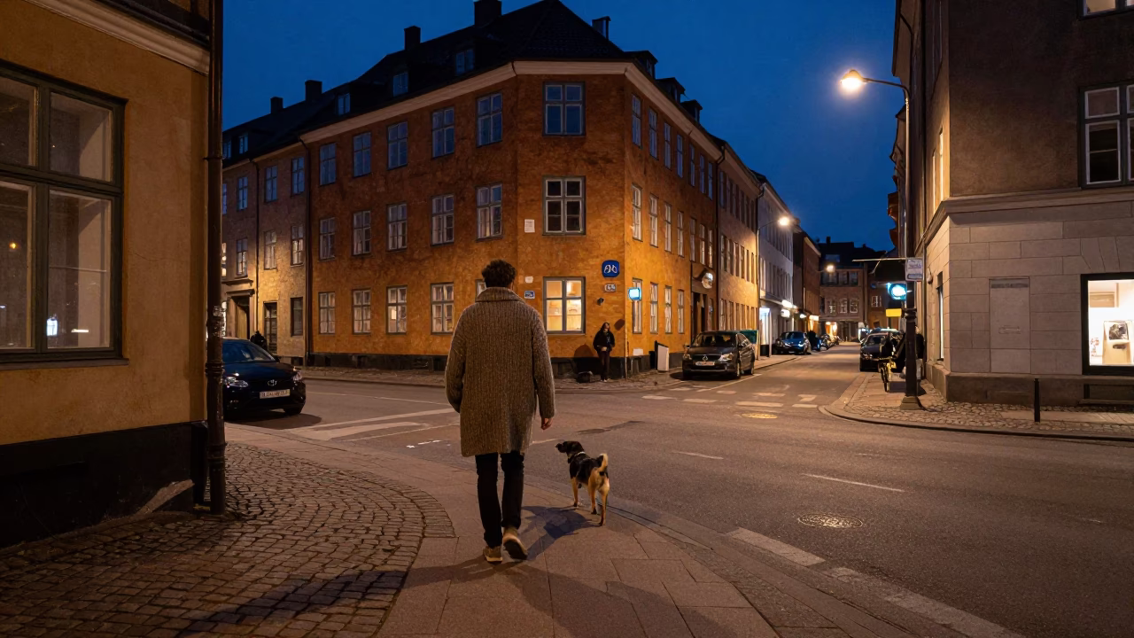 Street Scene in Copenhagen at Late At Night Light in in Copenhagen, Denmark